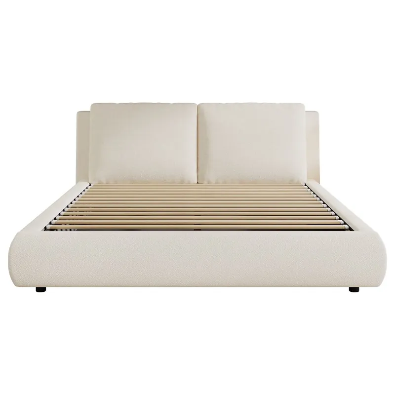 Cama tapizada 180x200 cm - con almacenaje hidráulico y somier - beige bouclé