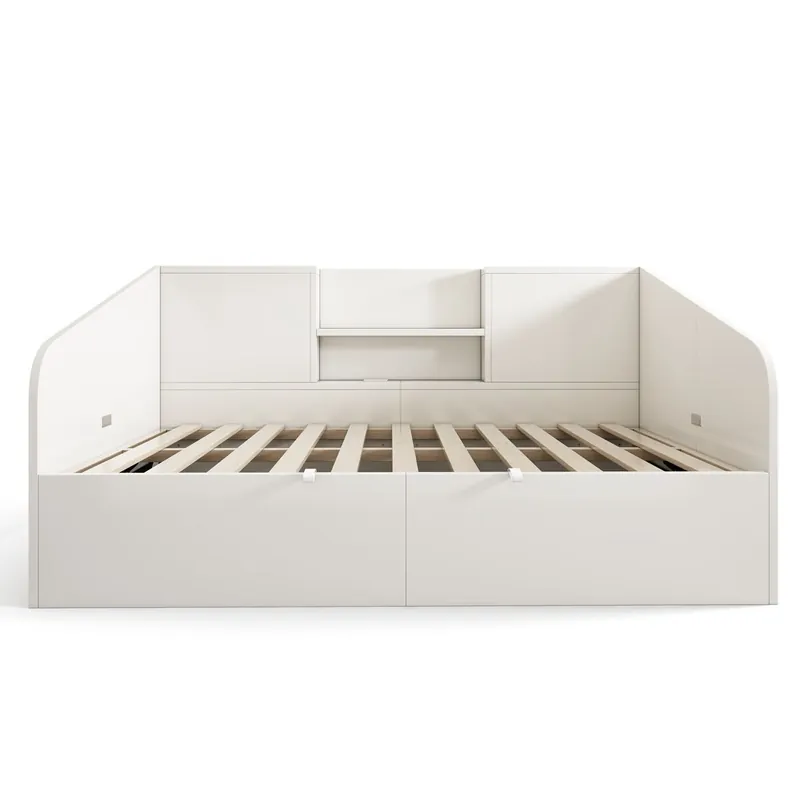Cama individual 90x190 cm - Hidráulica con 2 estantes, gran almacenamiento, USB/Type-C - Blanco