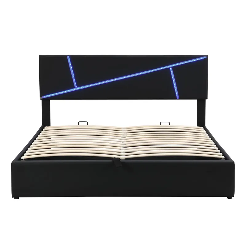 Cama doble 140x200 cm - Tapizada con LED, respaldo y función hidráulica - Negro