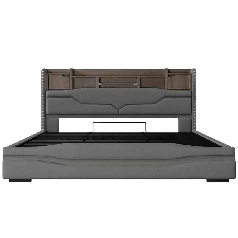 Cama con almacenamiento hidráulico 180x200 cm - Con función de carga USB, tira de luz ambiental, cabecero con compartimento de almacenamiento, sin colchón, con luces LED - Gris