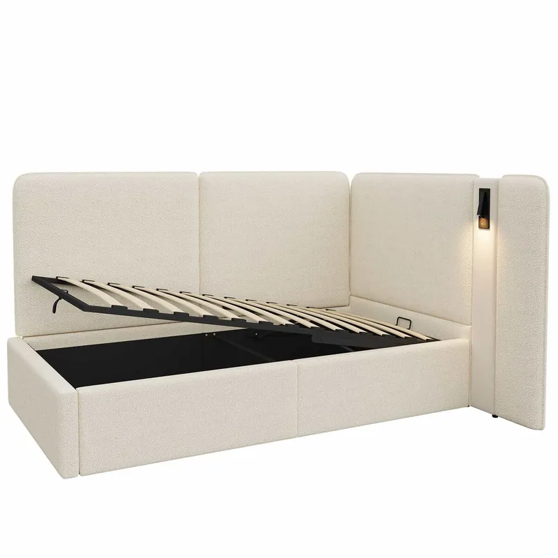 Cama de día 90x200 cm - con almacenamiento hidráulico, tapizada, sofá cama con puerto USB y lámpara de lectura - beige