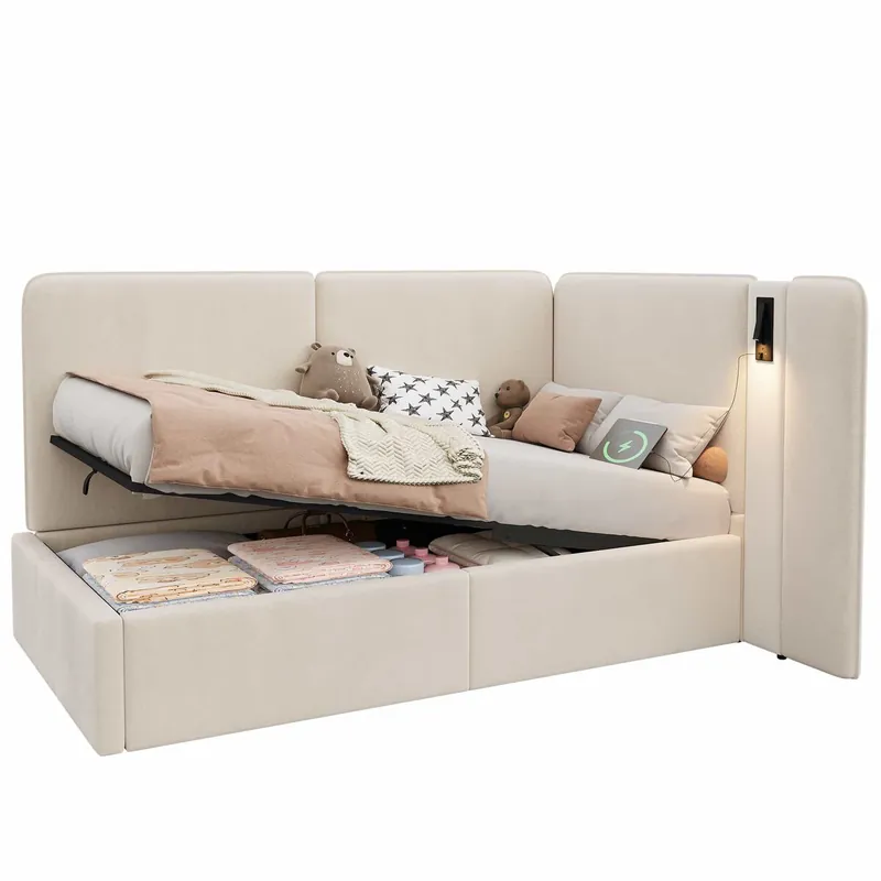 Cama de día 90x200 cm - Polsterbett con almacenamiento hidráulico, USB y lámpara de lectura - Beige