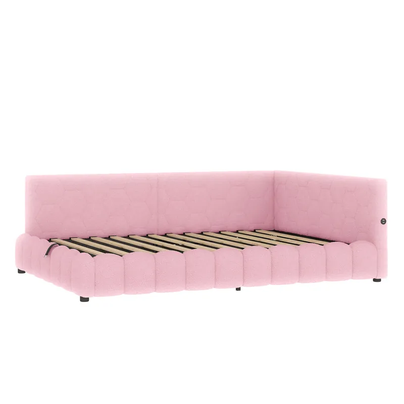 Cama día 140x200 cm - Sofá cama, con somier (sin colchón), con tira LED, mecanismo hidráulico, puerto USB, tipo C, material cómodo, imitación de terciopelo - Rosa