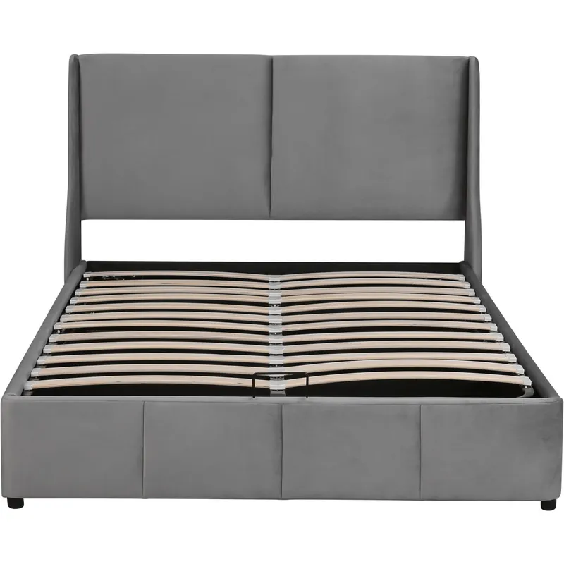 Cama contenedor tapizada 140x200cm en terciopelo - cama contenedor con somier de láminas - Gris