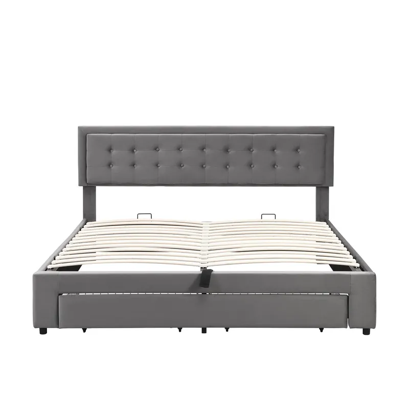 Cama contenedor acolchada 160x200cm en terciopelo - con cajón y somier - Gris (sin colchón)