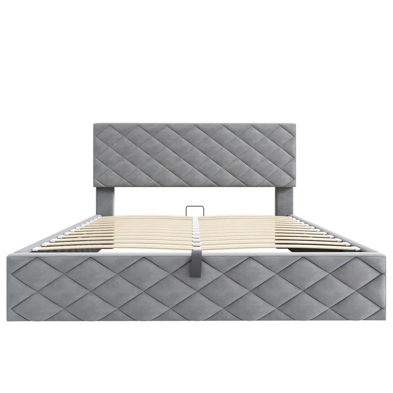 Cama tapizada 140x200 - Cama funcional hidráulica con somier y almacenamiento - Gris