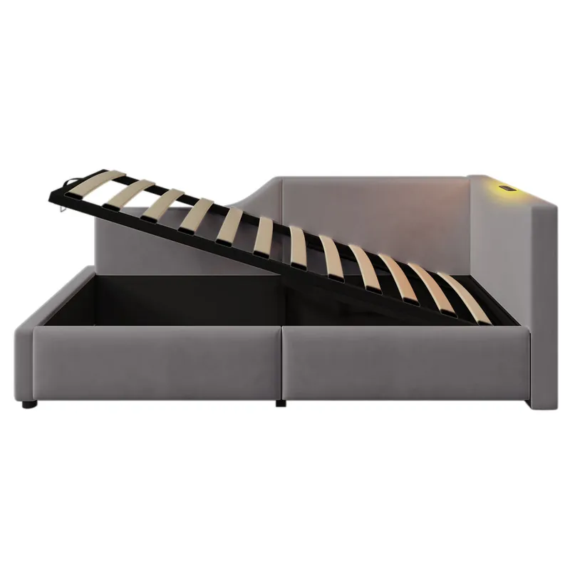 Cama contenedor 90x200cm - Sofá cama de terciopelo - con luz de lectura y puertos de carga - con somier - Gris