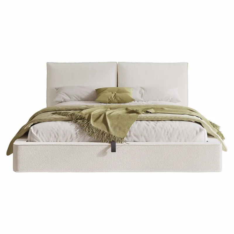 Cama tapizada doble 180 x 200 cm - cama funcional hidráulica con somier de láminas y cabecero acolchado de bouclé - beige