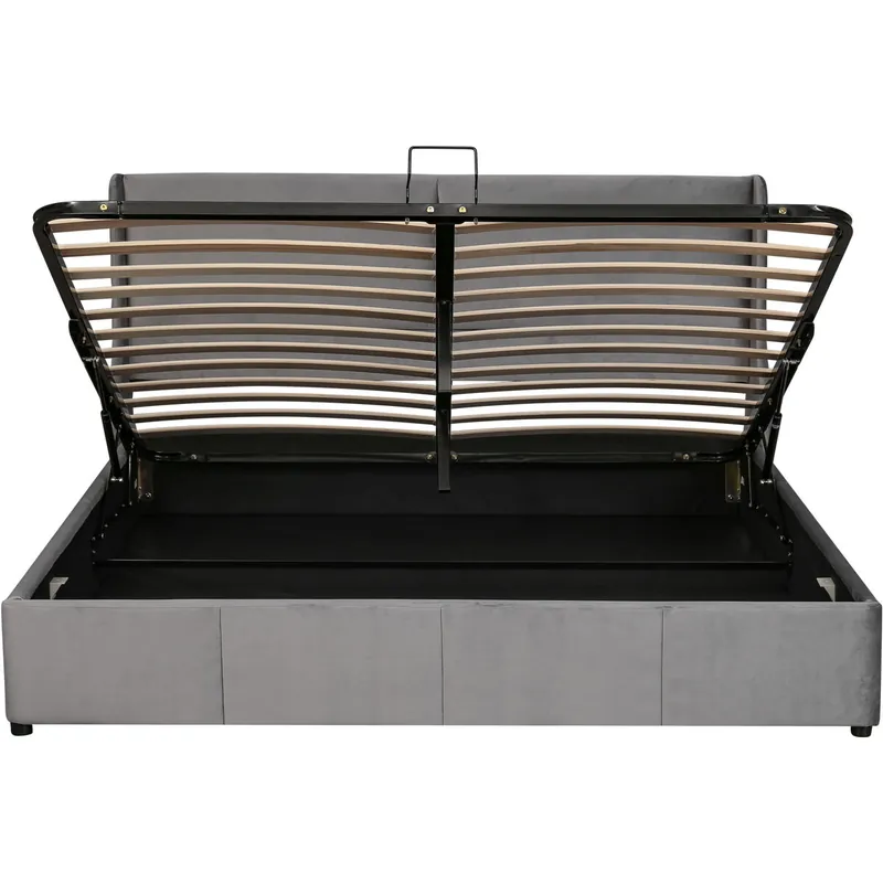 Cama contenedor tapizada 140x200cm en terciopelo - cama contenedor con somier de láminas - Gris