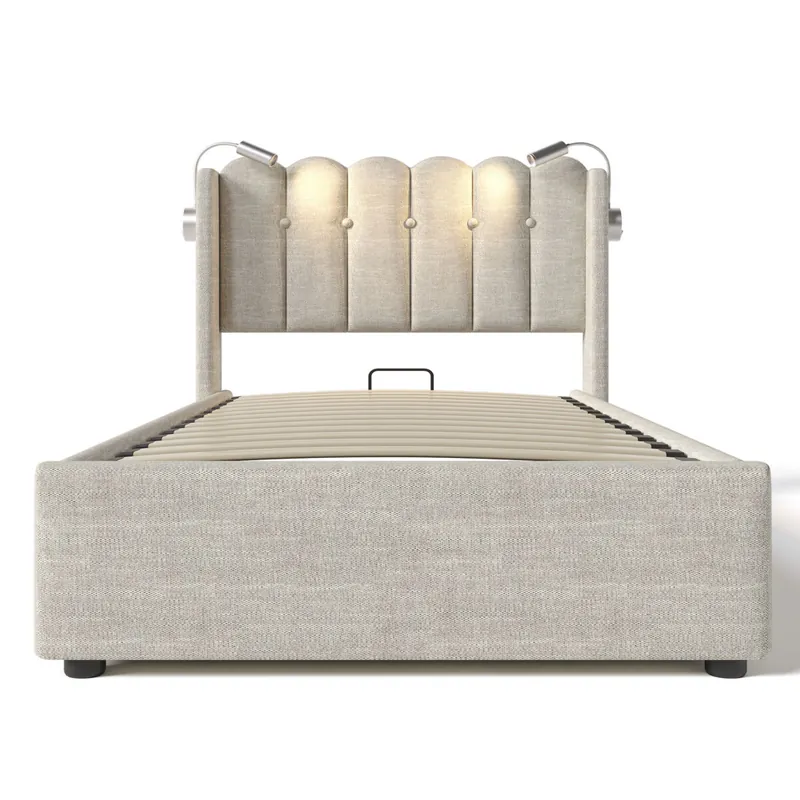 Cama contenedor tapizada con LED y puertos de carga USB - 90x200 cm - tela de lino - con somier de láminas - Beige
