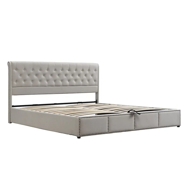 Cama contenedor tapizada de lino - decorada con remaches - con somier de láminas - 140x200cm - Gris claro