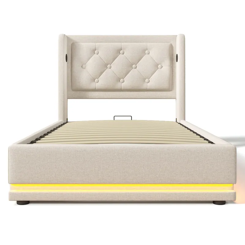Cama contenedor acolchada de 90 x 200 cm en tejido de algodón - con función de carga y LED a los pies de la cama - Beige