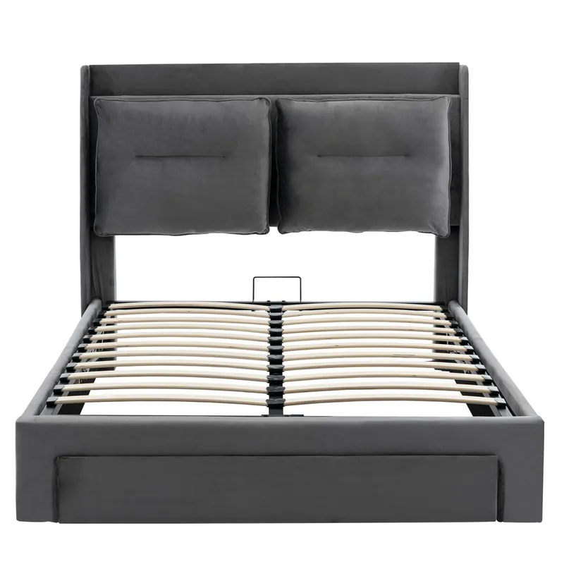 Cama con canapé tapizada en terciopelo - 140x190 cm - 2 cajones a los pies de la cama - Tira de luces LED empotrada a los pies de la cama - Gris (sin colchón)