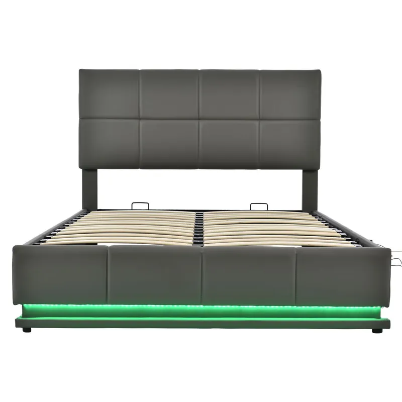 Cama contenedor tapizada 140x200 cm con iluminación LED - en símil piel - Gris