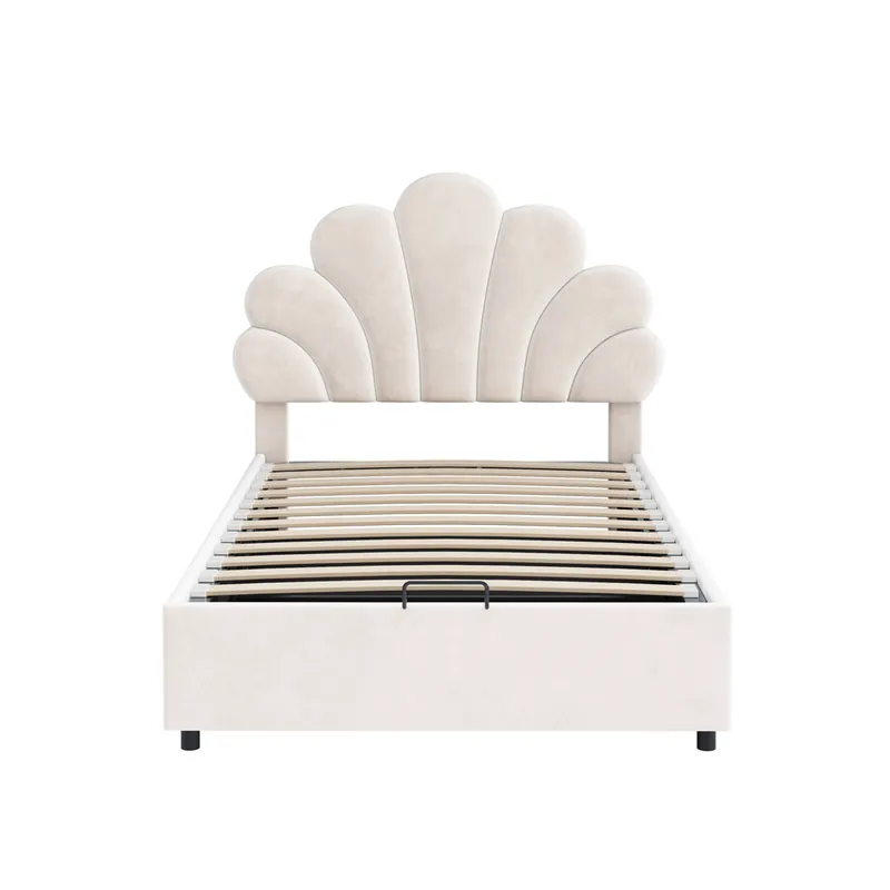 Cama con almacenaje acolchada de terciopelo - 90x200cm - cabecero en forma de flor - con somier de láminas - Beige