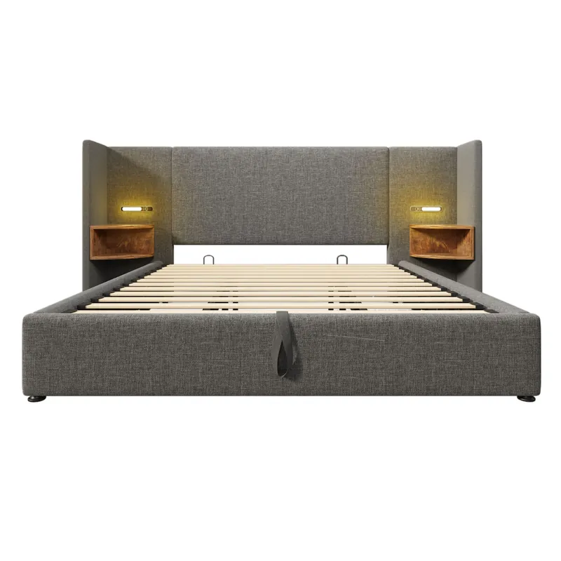 Cama contenedor de lino de 160x200 cm - 2 mesitas de noche con luz de lectura y función de carga - con somier - Gris