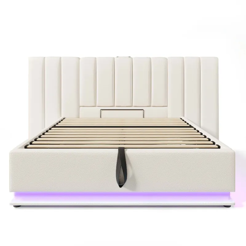 Cama contenedor tapizada en símil piel 160×200 cm - con LED y carga - con somier de láminas - Blanco