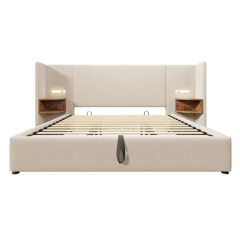 Cama contenedor de lino 160x200 cm - 2 mesitas de noche con luz de lectura y función de carga - con somier - Beige