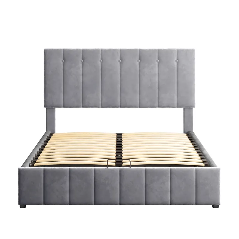 Cama con almacenaje tapizada - 140x200cm - tela de terciopelo - Gris