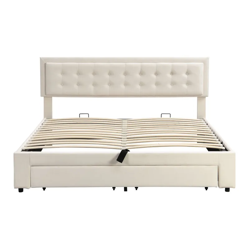 Cama contenedor acolchada 140x190cm en terciopelo - con cajón y somier - Beige (sin colchón)