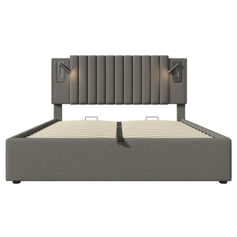 Cama contenedor de tela de algodón 140x200 cm - con luces de lectura y puertos de carga USB - con somier - Gris