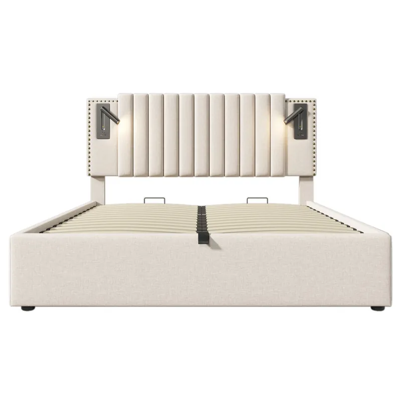 Cama contenedor de tela de algodón 140x200 cm - con luces de lectura y puertos de carga USB - con somier - Beige