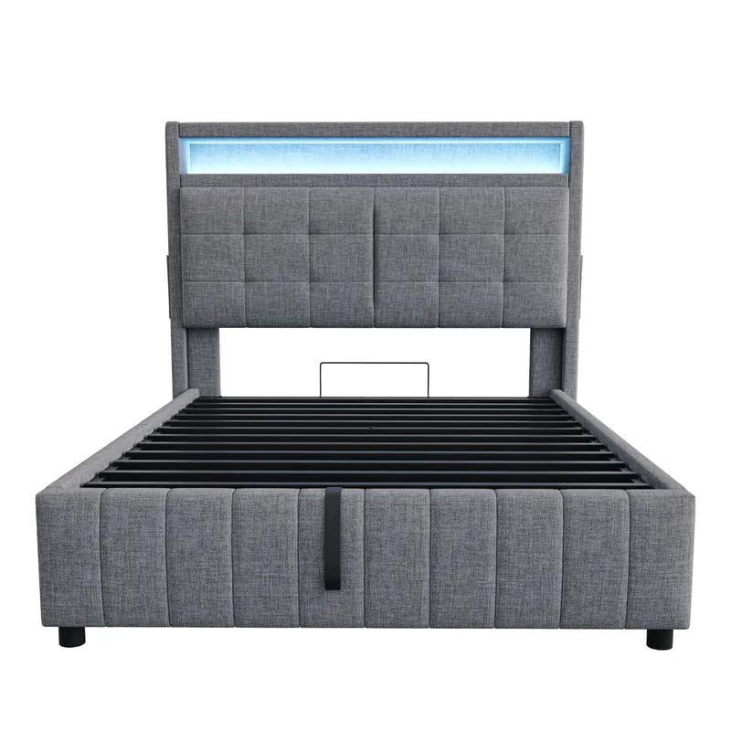 Cama con almacenaje acolchado de lino - 140x200 cm - con LED + toma USB + somier - Gris