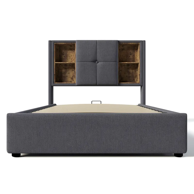 Cama contenedor acolchada 90x200 cm - con carga inalámbrica y cabezal de almacenamiento - tejido de algodón - Gris