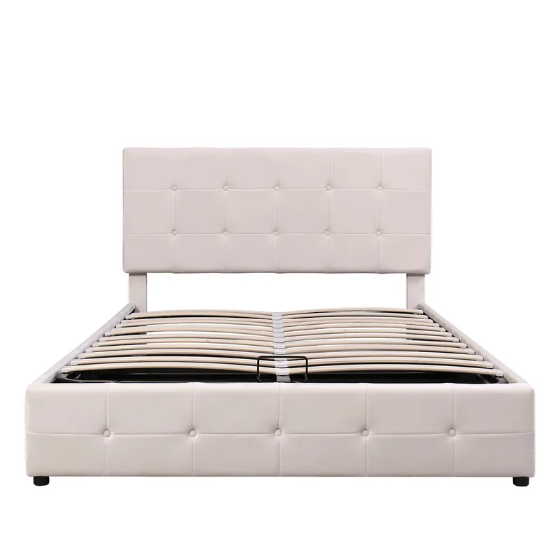 Cama con almacenaje tapizada - 140x200cm - tela de terciopelo - cabecero ajustable con diseño de bloques - Crema