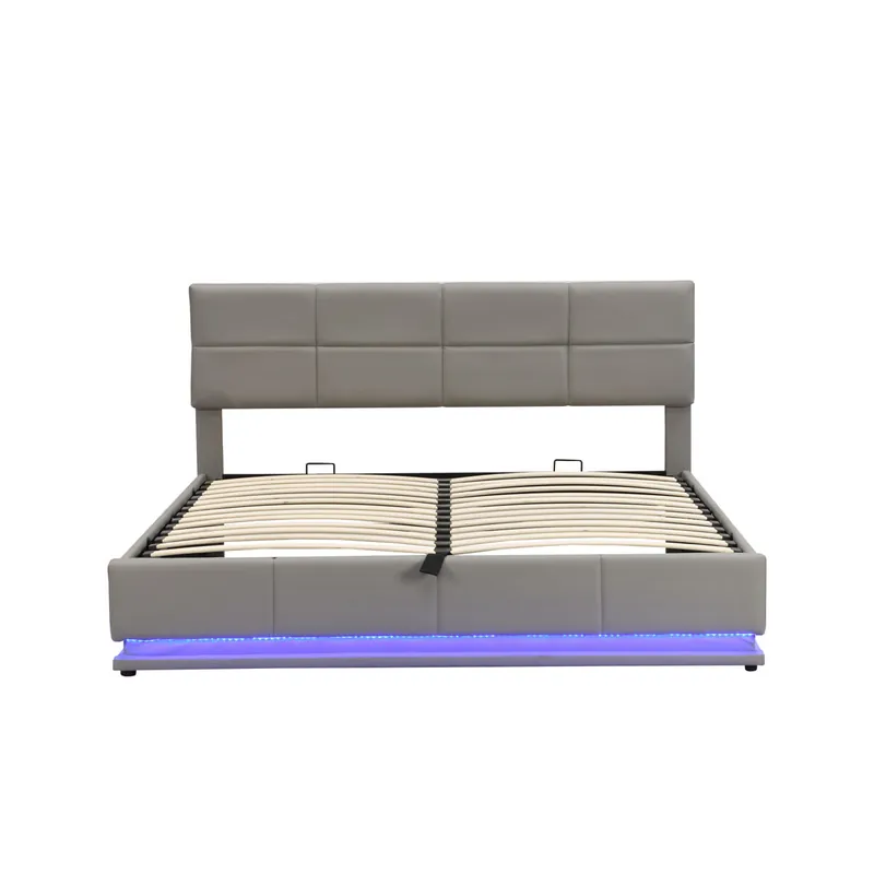 Cama contenedor tapizada 180x200 cm con iluminación LED - en símil piel - Gris claro