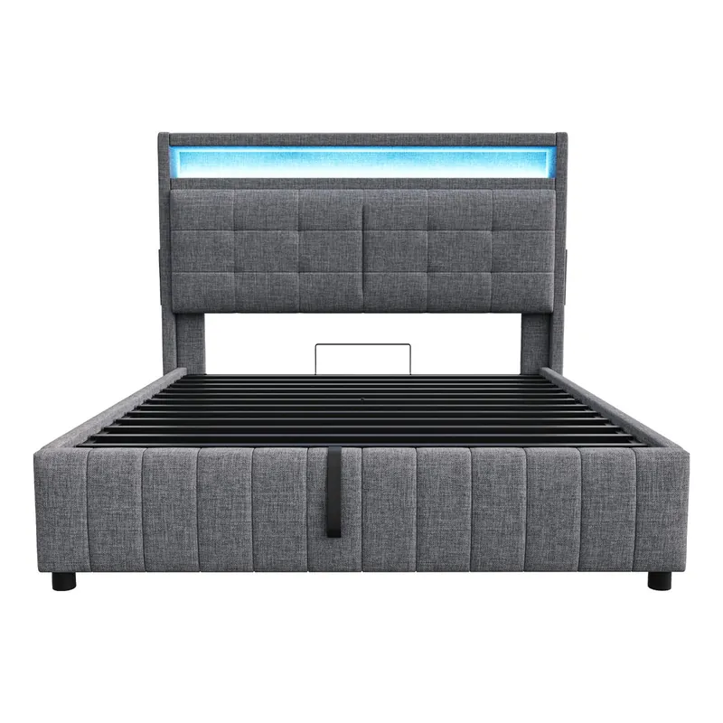 Cama con almacenaje acolchado de lino - 140x200 cm - con LED + toma USB + somier - Gris