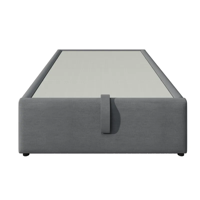 Baúl tapizado para cama 90×190 cm - tela de lino - con enchufes de carga y cojín de láminas - Gris