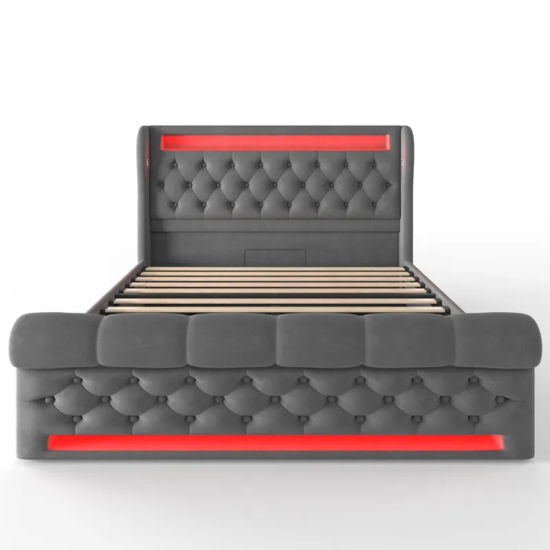 Cama tapizada 140x200cm - Cama con LED, cabecero con almacenamiento y puertos USB y Tipo-C, cama hidráulica - Gris