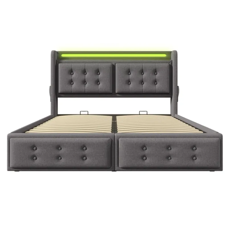 Cama doble tapizada 140x200 - cabecero LED, función carga USB C, hidráulica, somier madera y metal, 300 kg - Gris