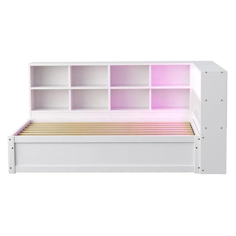 Sofá cama 90*200 - Con enchufe múltiple, múltiples compartimentos de almacenamiento, tira de luces, cama hidráulica, cama de madera maciza, cama individual, cama multifuncional de madera - Blanco