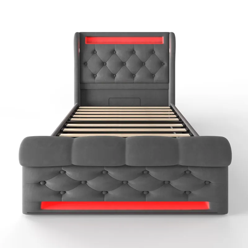 Cama individual 90x200cm - Cama tapizada con luces LED, cabecero con almacenamiento y puertos USB y Type-C, cama hidráulica, Gris, Terciopelo