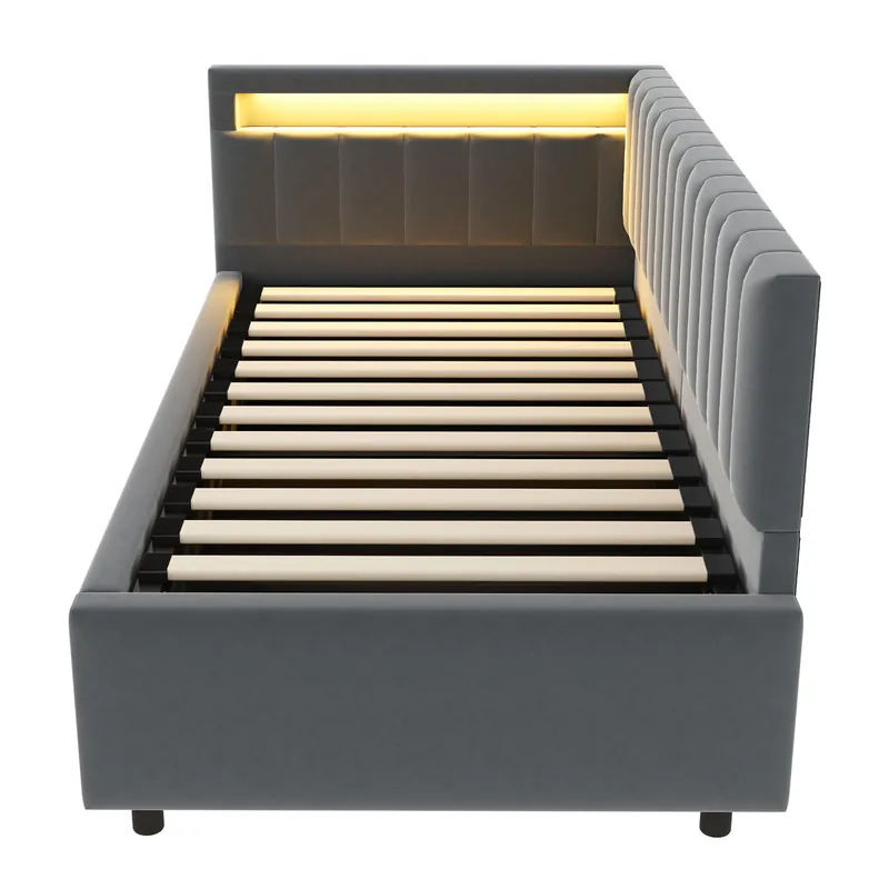Sofá cama 90x200 - con LED, almacenamiento hidráulico, diseño de rayas verticales, cabeceros laterales ajustables, somier, terciopelo - Gris