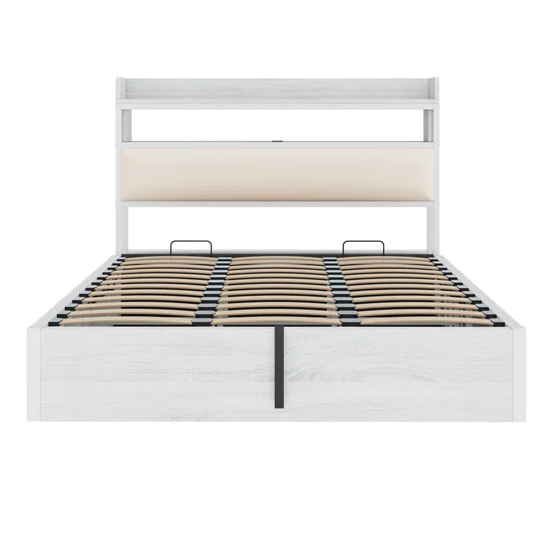 Cama 180x200 - Con elevación hidráulica, USB, cabecero acolchado, diseño vintage de madera y metal, con almacenamiento oculto - Blanco