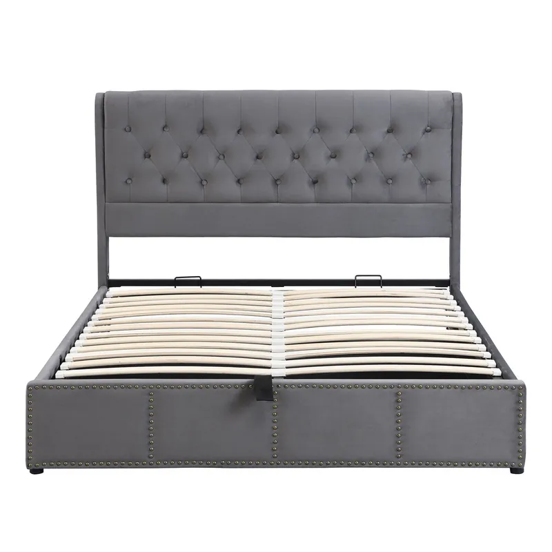 Cama tapizada 140x190 cm - con arcón hidráulico y detalles de tachuelas - gris