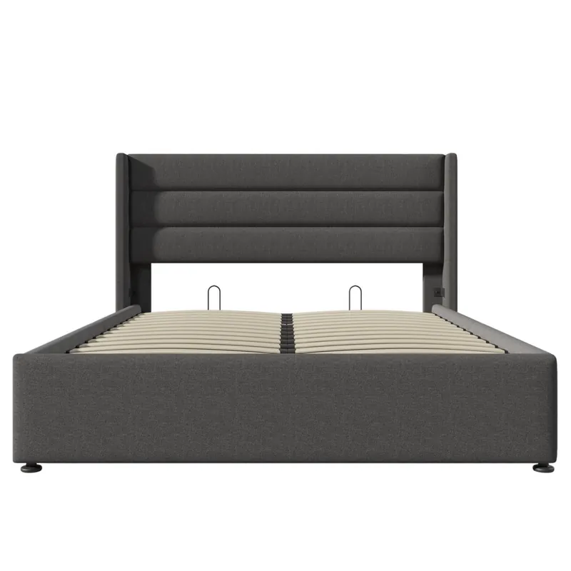 Cama doble hidráulica 160x200 - tapizada, con colchón y somier de madera y metal - Gris