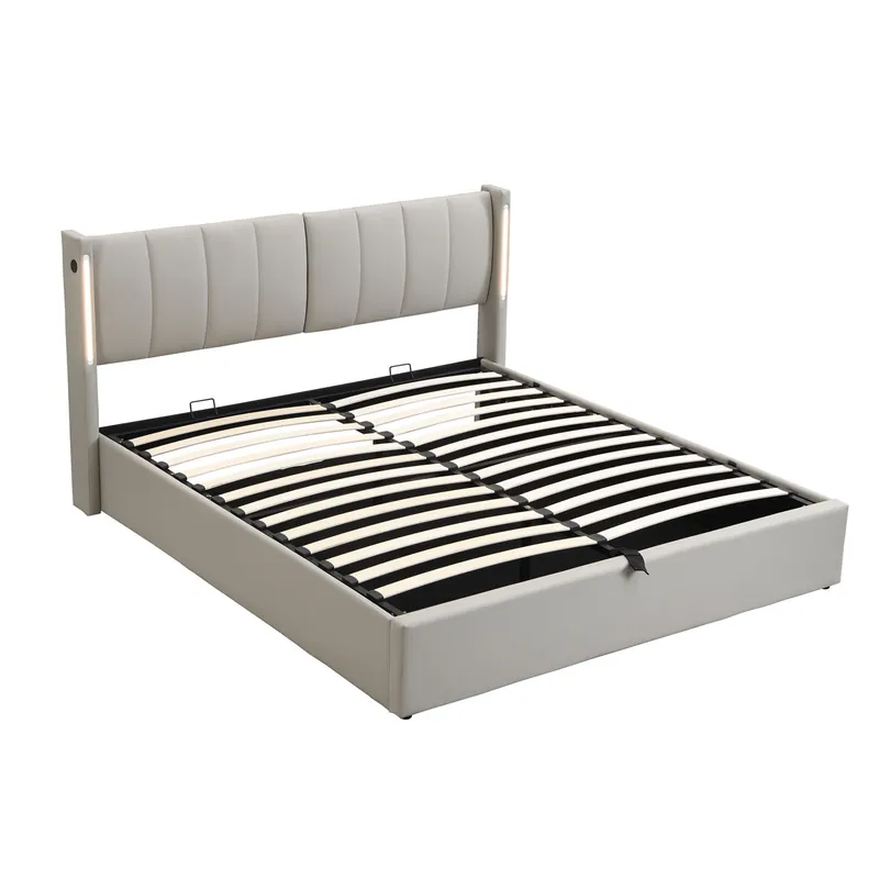 Cama tapizada 140 x 200 cm - hidráulica, LED, USB recargable, con almacenamiento, cabecero ajustable, PU - gris