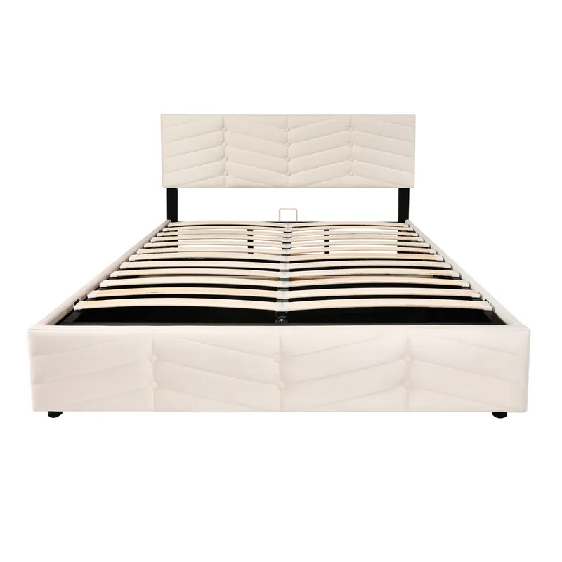 Cama tapizada 140x190 cm - con cabecero ajustable en altura, somier de listones de madera, fácil montaje, terciopelo holandés - Beige