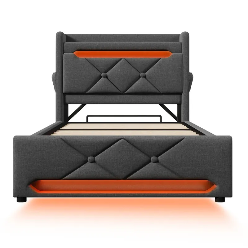 Cama individual 90x200 - Cabecero con almacenamiento, puertos USB y Tipo C, función LED 360 - Gris