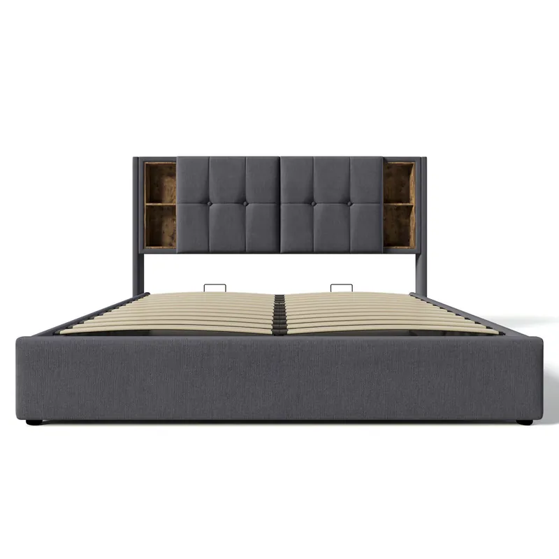 Cama doble 140x200cm - Cama tapizada con carga inalámbrica USB C, con almacenamiento, somier de madera - Gris algodón