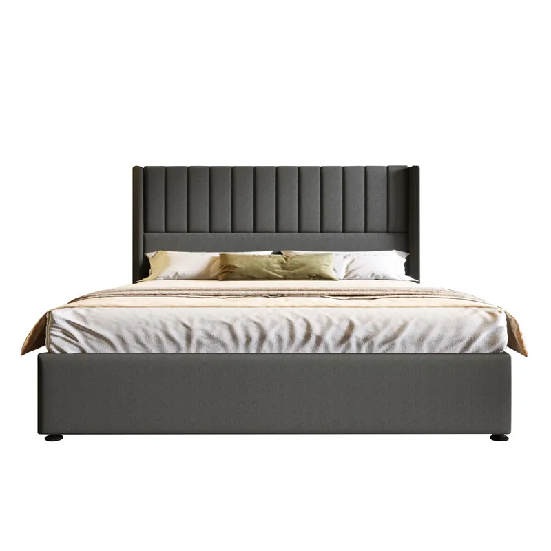 Cama hidráulica 160x200cm - Estructura de madera y metal, tapizada en lino - Gris