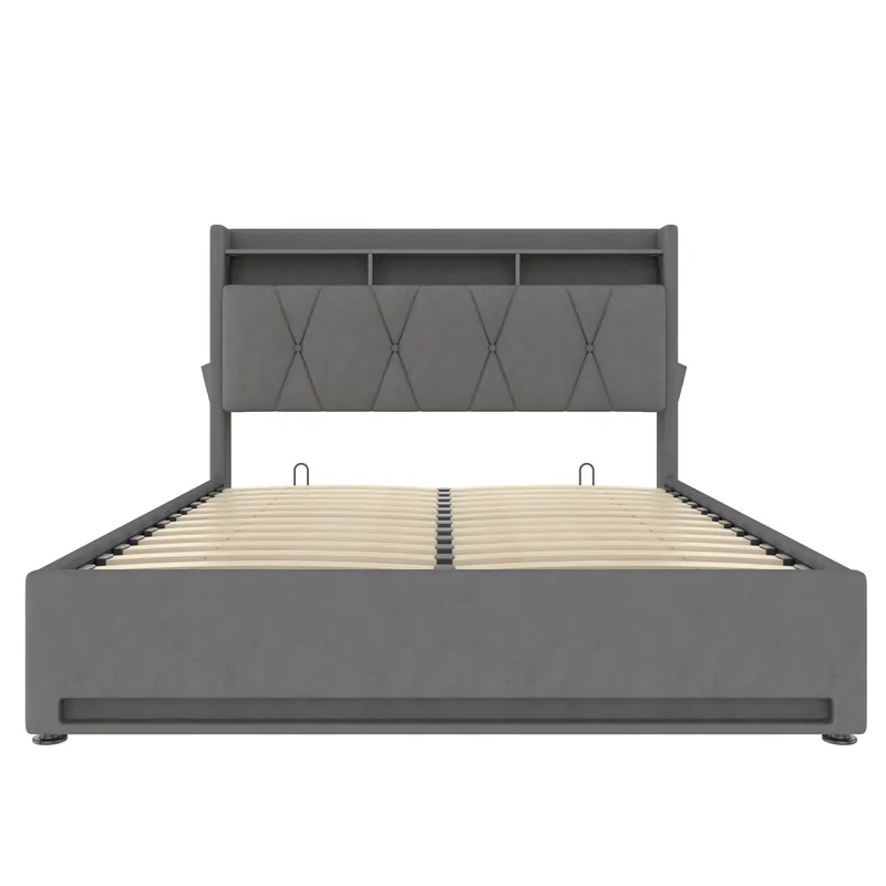 Estructura de cama tapizada 140x200 cm - Iluminación LED, carga USB Type-C, almacenamiento bajo la cama, cabecero con almacenamiento, estructura hidráulica - Gris
