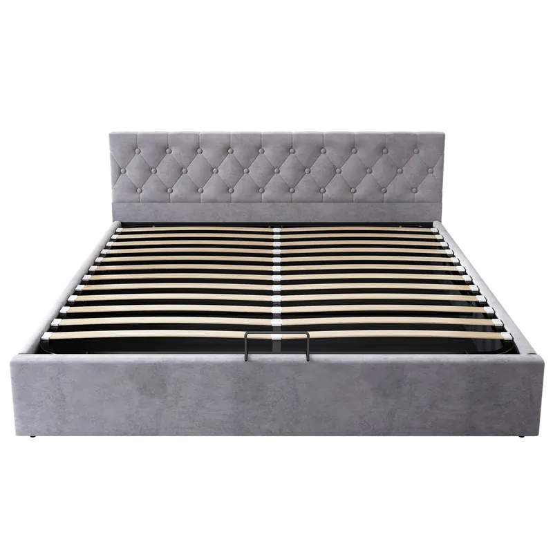 Cama tapizada 140x200 cm - Cabecero capitoné, cama doble, cama hidráulica con almacenamiento, somier - Gris