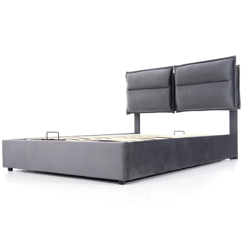 Cama doble 140x200 - Cabecero ajustable, almacenamiento, estructura metálica, terciopelo - Gris