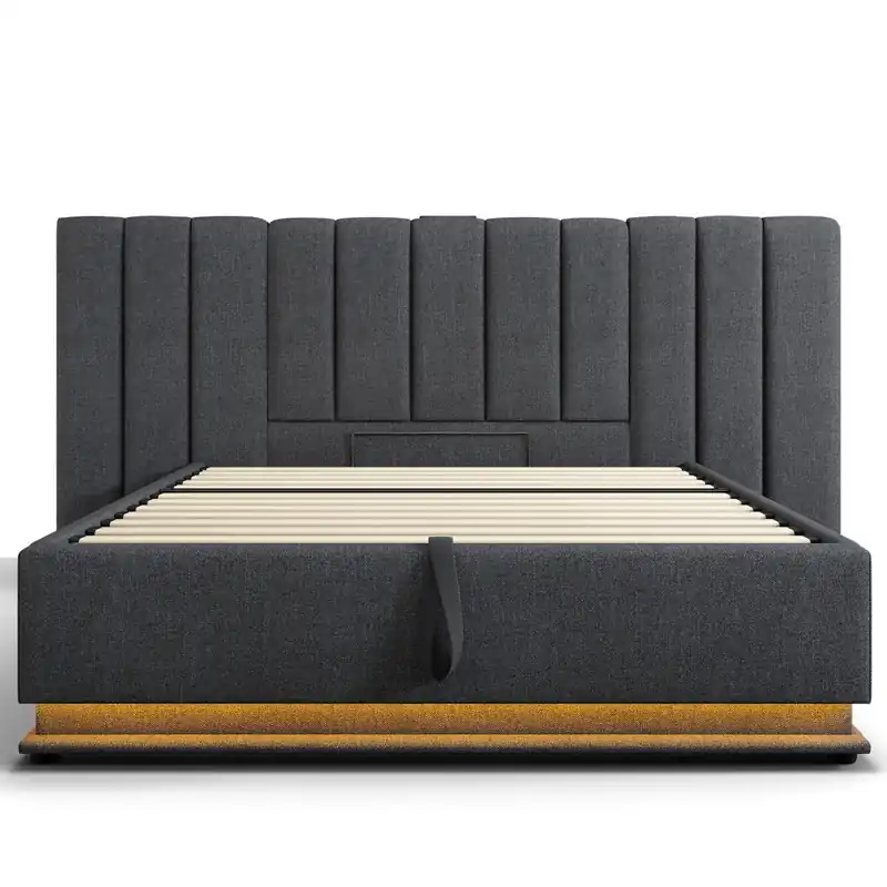 Cama tapizada 160x200 - cama doble con almacenamiento, LED control por app y USB-C, estructura con somier - Gris