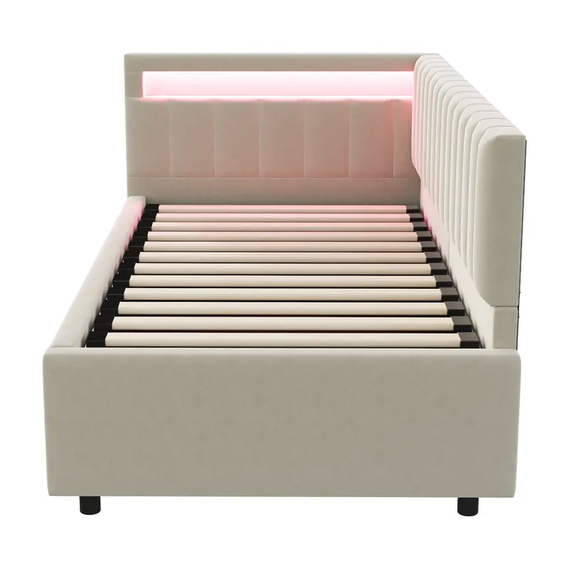 Sofá cama 90x200 - con LED, almacenamiento hidráulico, diseño de rayas verticales, cabezales laterales ajustables, somier, terciopelo - Beige
